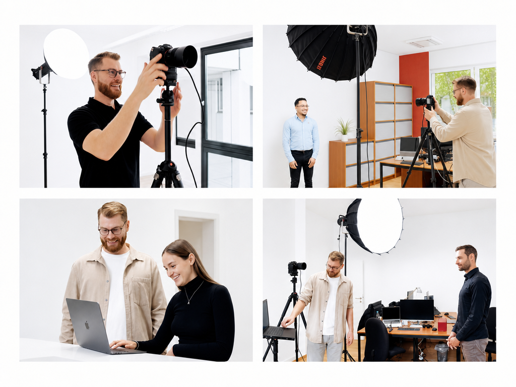 Collage: Henrik Bührmann bei der Mitarbeiterfotografie vor Ort – Setup, Kamera, Bildbesprechung und Live-Shooting im Büro